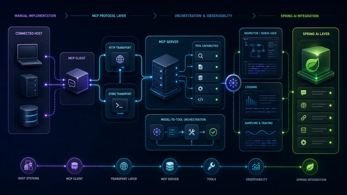 Схема курса MCP на Java: server, client, host, tools, sampling и Spring AI